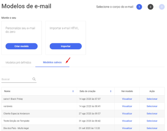 exibe a lista de modelos salvos previamente, para que se possa selecioná-los em um disparo