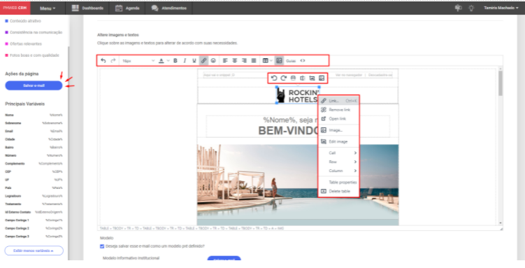 exibe o email a ser editado e destaca todas as possibilidades de edição de texto, cores e imagens