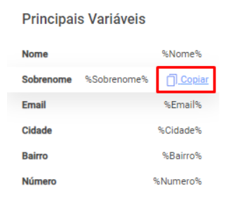 exibe a listagem das principais variáveis utilizadas, destacando a possibilidade de copiar os caracteres para que não haja erro de digitação
