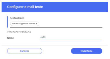 exibe o botão de envio teste em azul, ao canto inferior direito