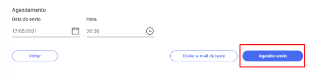 exibe o botão de "agendar envio" em azul, no canto direito